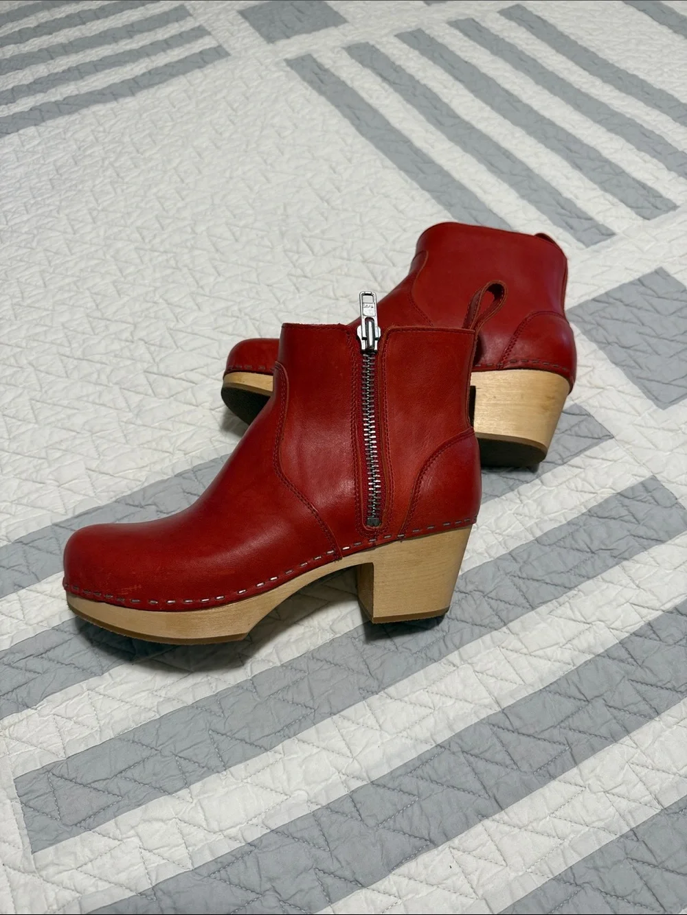 Swedish Hasbeens Red Leather Zip Clog Ankle Boots